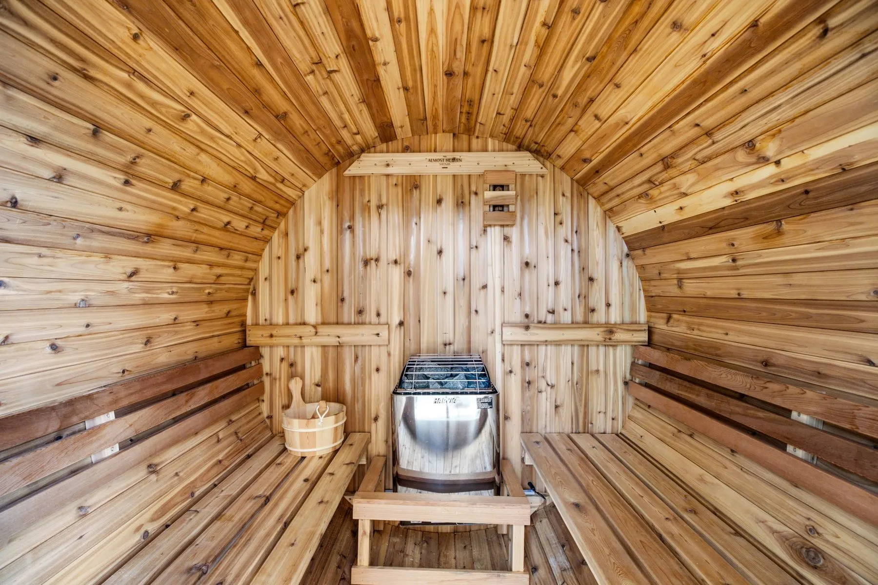 Inside the cedar barrel sauna