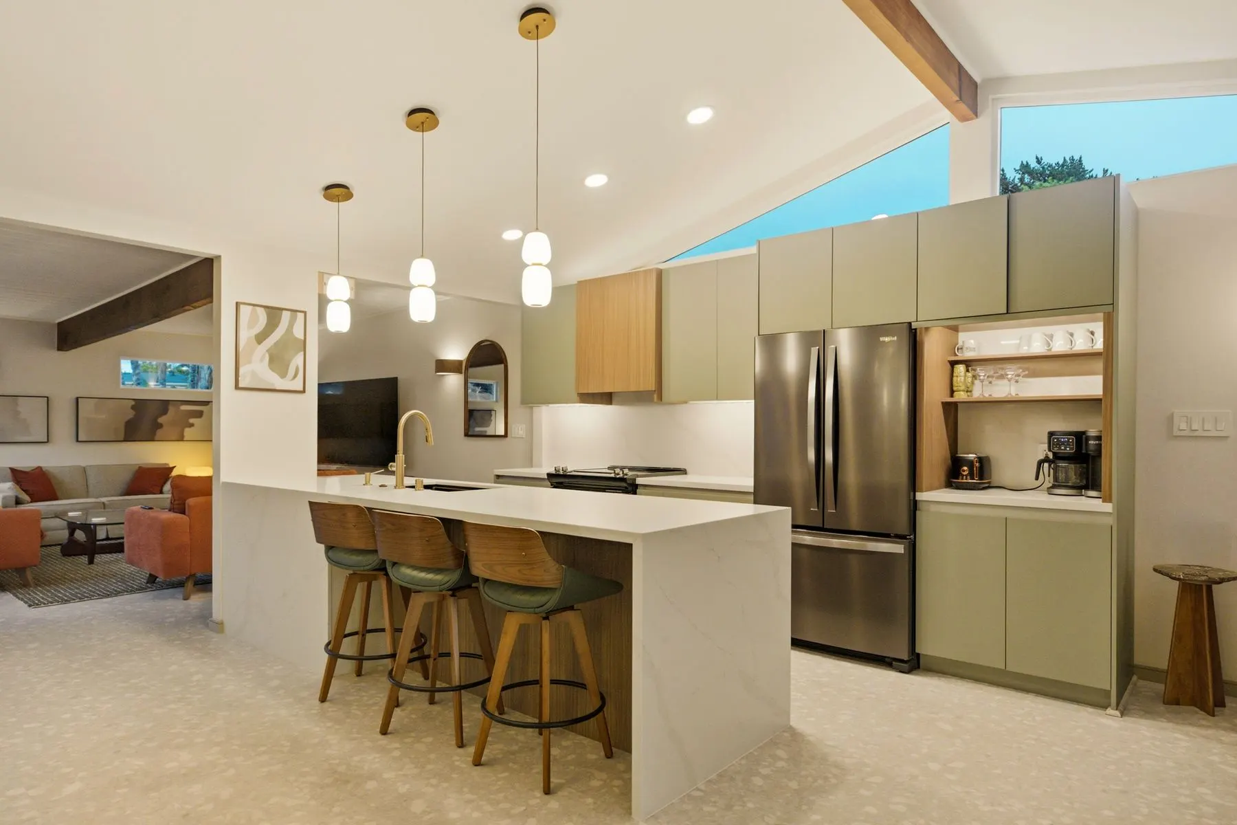Quartz waterfall kitchen island